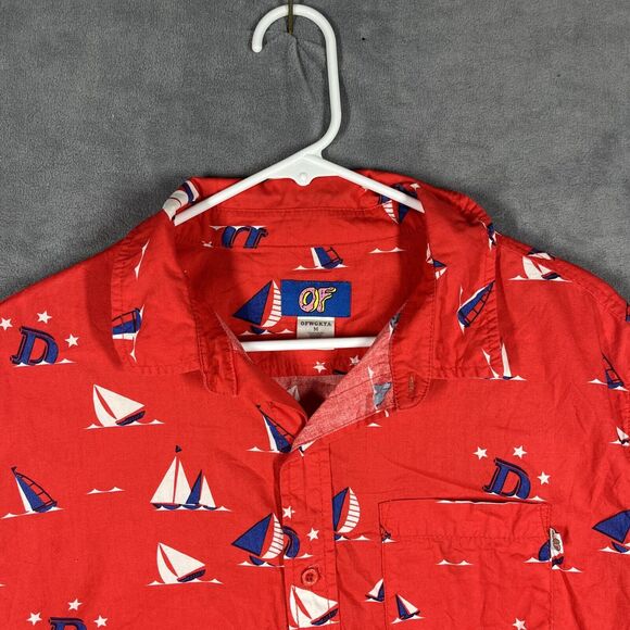 OF Odd Future Shirt Men's Medium Red Ship Print Cotton Short Sleeve Button-Up - Picture 2 of 6